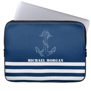 Nautical Anchor, Navy Blue Stripes Sailor  Laptop Sleeve