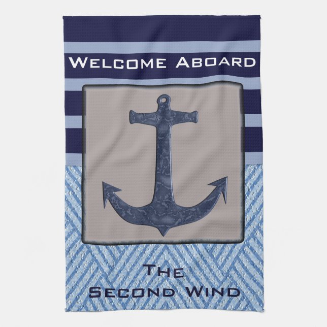 Nautical Anchor & Navy Blue Stripes Tea Towel (Vertical)