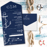 Nautical Anchor Navy Blue Wedding All In One Invitation<br><div class="desc">These budget-friendly Nautical Anchor Wedding invitations are designed with an easy-to-tear-off perforated RSVP postcard. Just simply fold each card into the outlined shape,  and then seal and send - no envelope needed for shipping.</div>