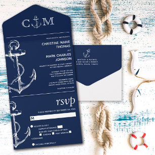 Nautical Anchor Navy Blue Wedding All In One Invitation