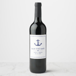 Nautical Anchor Navy Blue Wedding Save the Date Wine Label