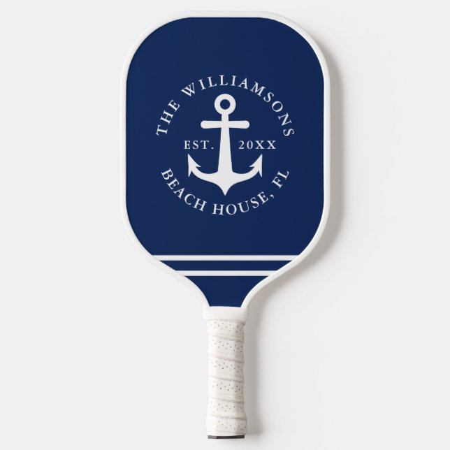 Nautical Anchor Navy Blue White Beach House Pickleball Paddle (Front)