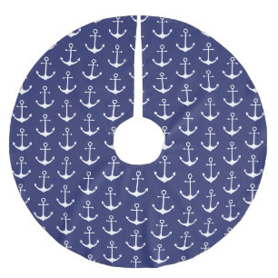Nautical anchor navy blue white coastal Christmas Brushed Polyester Tree Skirt
