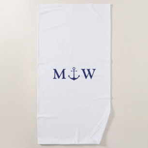 Nautical anchor navy blue white couple initials beach towel