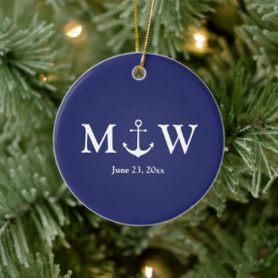 Nautical anchor navy blue white couple monogram ceramic tree decoration