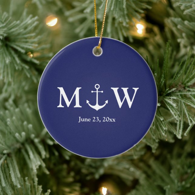 Nautical anchor navy blue white couple monogram ceramic tree decoration (Tree)