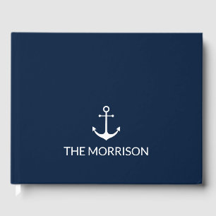 Nautical anchor navy blue white Custom Boat Name Guest Book