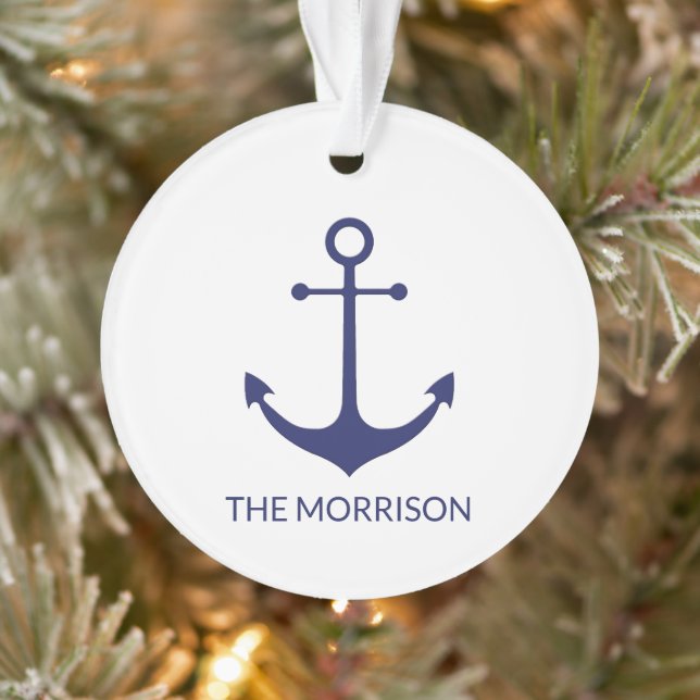 Nautical anchor navy blue white custom boat name  ornament (Tree)