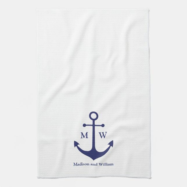 Nautical anchor navy blue white custom monogram tea towel (Vertical)