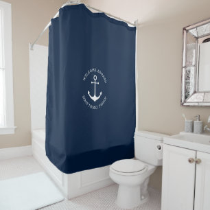Nautical anchor navy blue white custom name shower curtain