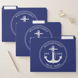 Nautical Anchor Navy Blue White Family Name Year File Folder