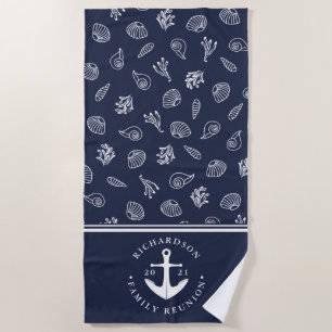 Nautical Anchor Navy Blue White Family Reunion Beach Towel