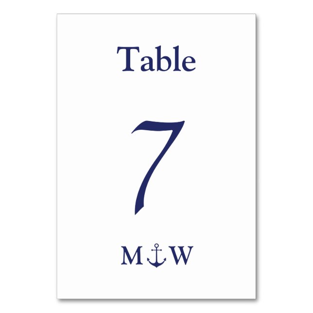 Nautical anchor navy blue & white initials Wedding Table Number (Front)
