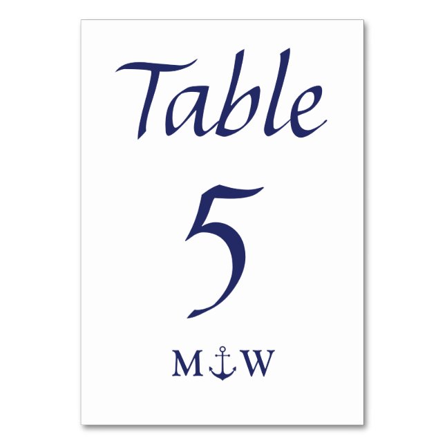 Nautical anchor navy blue white initials Wedding Table Number (Front)