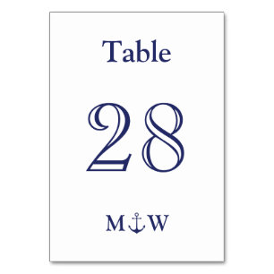 Nautical anchor navy blue white initials Wedding Table Number