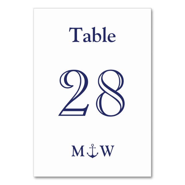 Nautical anchor navy blue white initials Wedding Table Number (Front)
