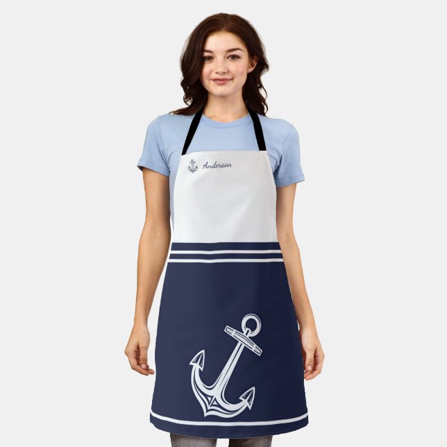 Nautical  anchor navy blue white monogram name apron (Worn)