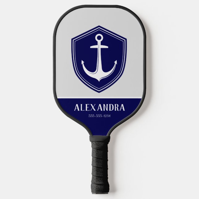 Nautical Anchor Navy Blue White Monogram Name  Pickleball Paddle (Front)