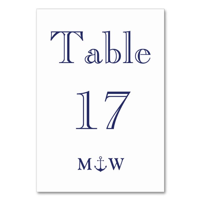 Nautical anchor navy blue white monogram Wedding Table Number (Front)