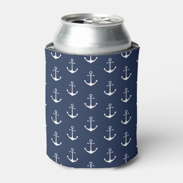 Nautical anchor navy blue white pattern classic can cooler (Can Front)