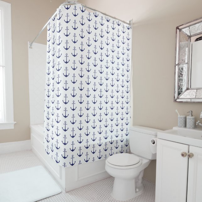 Nautical anchor navy blue & white pattern coastal shower curtain (In Situ)