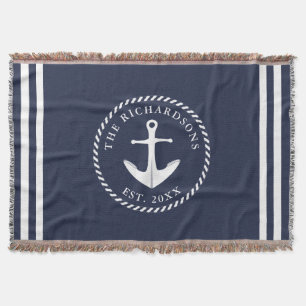 Nautical Anchor Navy Blue & White Personalised Throw Blanket