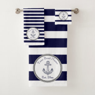Nautical Anchor Navy Blue White Red stripes  Bath  Towel Set