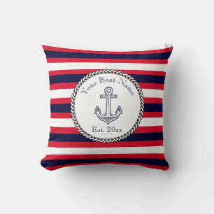 Nautical Anchor Navy Blue White Red stripes Throw  Cushion