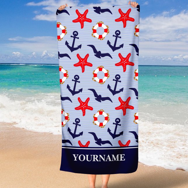 Nautical Anchor Navy Blue White Stripes  Beach Towel (Creator Uploaded)