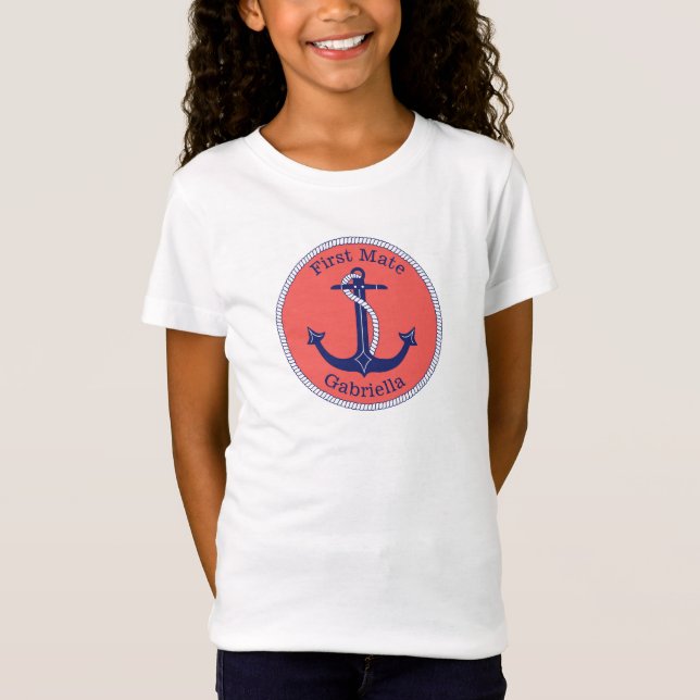 Nautical Anchor Navy Coral First Mate Personalised T-Shirt (Front)