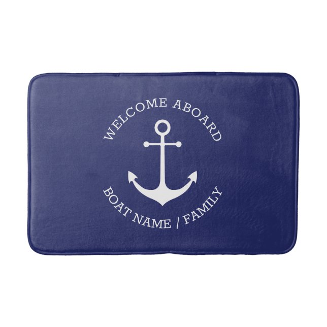 Nautical anchor navy Custom name Welcome Aboard Bath Mat (Front)