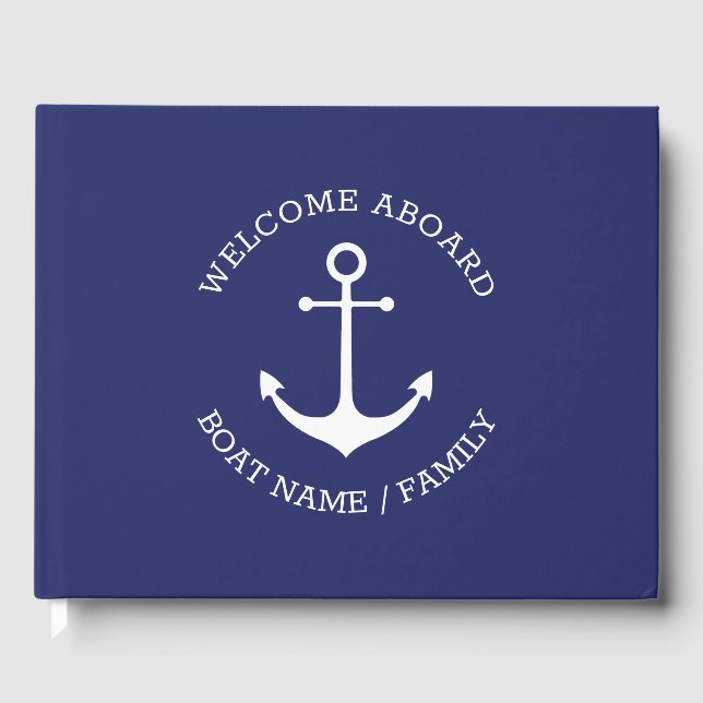 Nautical anchor Navy Custom Name Welcome Aboard Guest Book (Front)