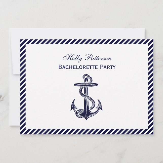 Nautical Anchor Navy Diag Stripe 2H Bachelorette Invitation (Front)