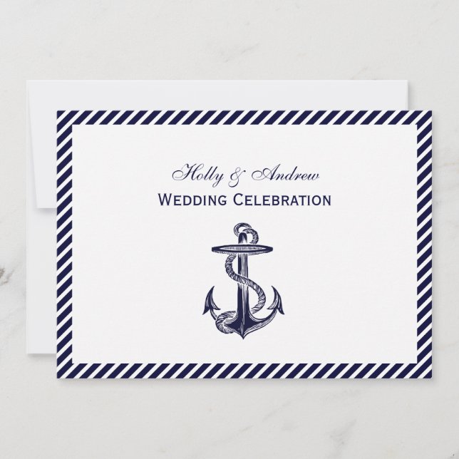 Nautical Anchor Navy Diag Stripe 2H Wedding Invitation (Front)