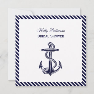 Nautical Anchor Navy Diag Stripe 2SQ Bridal Shower Invitation