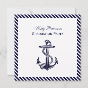 Nautical Anchor Navy Diag Stripe 2SQ Graduation Invitation