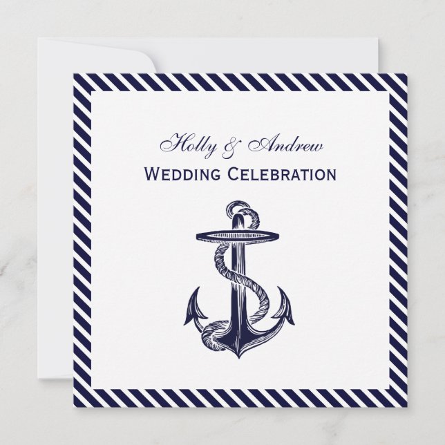 Nautical Anchor Navy Diag Stripe 2SQ Wedding Invitation (Front)