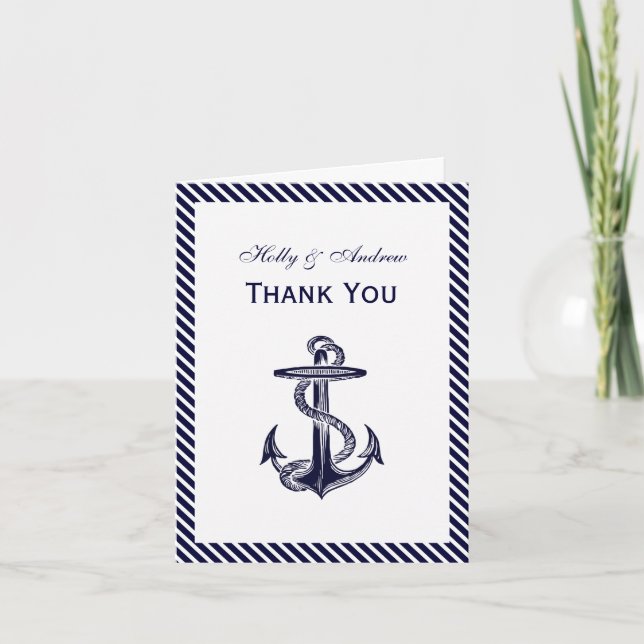 Nautical Anchor Navy Diag Stripe 2V Thank You Card (Front)
