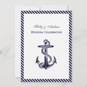 Nautical Anchor Navy Diag Stripe 2V Wedding Invitation