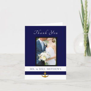 Nautical Anchor Navy Gold Wedding Photo Thank You Card