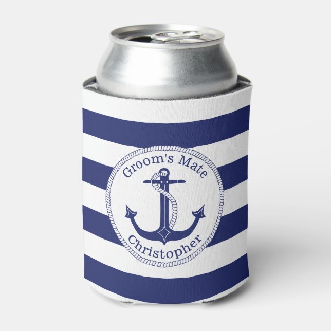 Nautical Anchor Navy Groom's Mate Bachelor Party Can Cooler (Can Front)