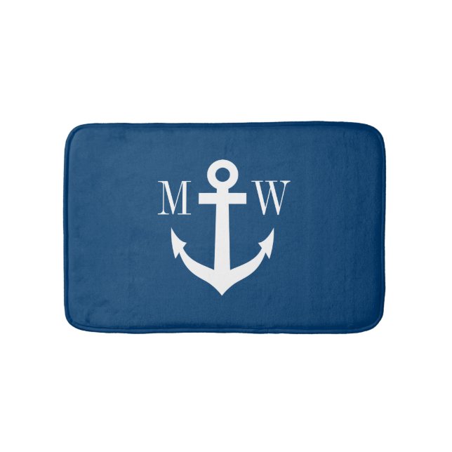 Nautical anchor navy monogram non slip bath mat (Front)