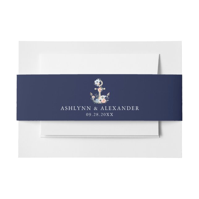 Nautical Anchor Navy Peach Floral Names Wedding Invitation Belly Band (Front Example)