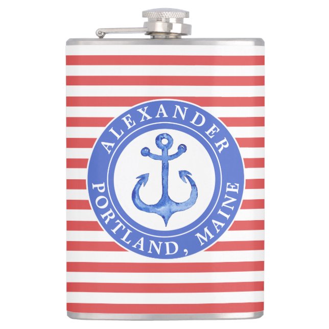 Nautical Anchor Navy Personalised Red Hip Flask (Front)
