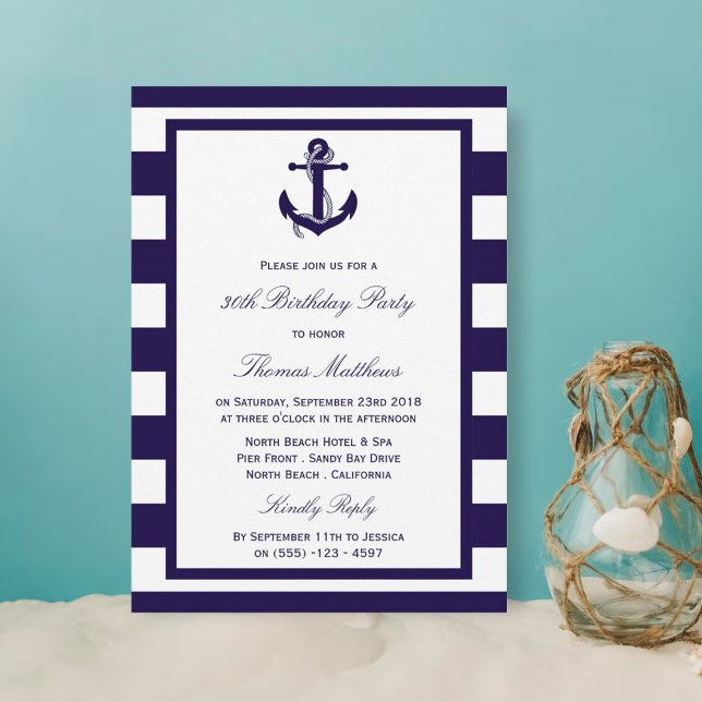 Nautical Anchor Navy Stripe Beach Birthday Party Invitation (Creator Uploaded)