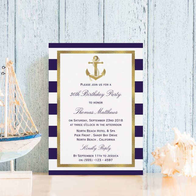 Nautical Anchor Navy Stripe Beach Birthday Party Invitation (Creator Uploaded)