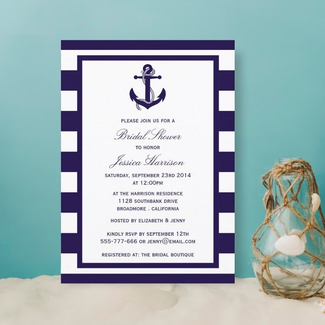 Nautical Anchor Navy Stripe Bridal Shower Invitation (Creator Uploaded)