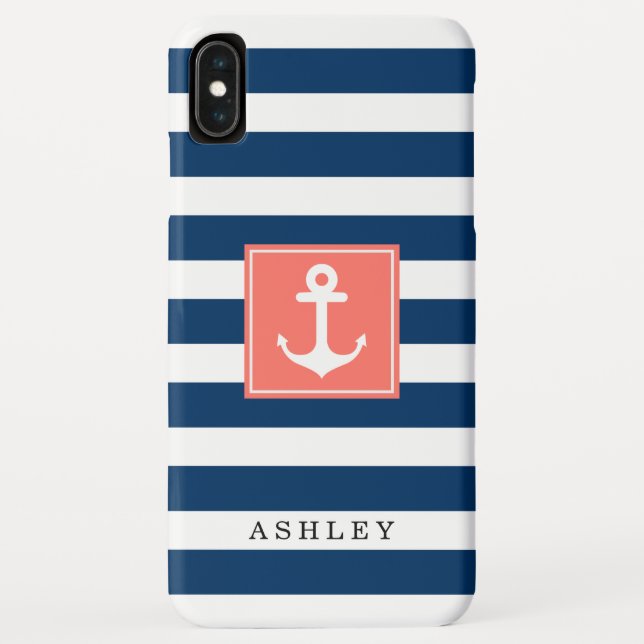 Nautical Anchor Navy Stripes Pattern Monogram Name Case-Mate iPhone Case (Back)