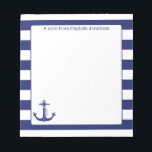 Nautical Anchor Navy Stripes Personalised 5.5 x 6 Notepad<br><div class="desc">Personalise these nautical themed notes with your own text.  Design features an anchor and rope drawing with a navy blue striped border.</div>