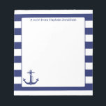 Nautical Anchor Navy Stripes Personalised 5.5 x 6 Notepad<br><div class="desc">Personalise these nautical themed notes with your own text.  Design features an anchor and rope drawing with a navy blue striped border.</div>